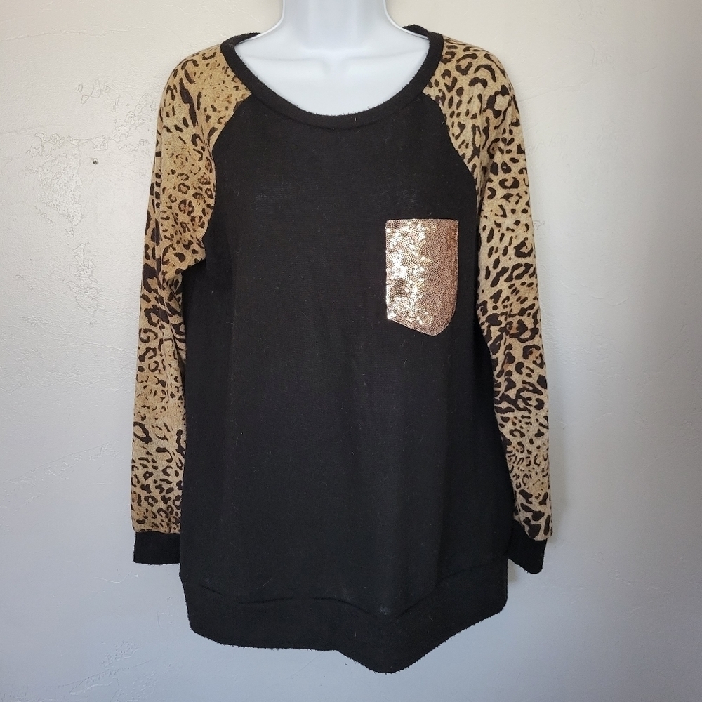 E.Luna Women's Small Long Sleeve Shirt Black Body Leopard Arms Sequin Pocket